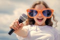 kid sing with mic. cheerful event manager. child have fun on party. happy singer with microphone. girl singing. vocal Royalty Free Stock Photo