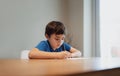 Kid siting on table doing homework,Child boy holding black pen writing on white paper,Young boy practicing English words at home.