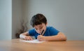 Kid siting on table doing homework,Child boy holding black pen writing on white paper,Young boy practicing English words at home.