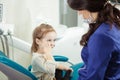 Kid sits at dentist office and holds cheek Royalty Free Stock Photo