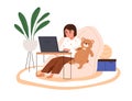 Kid sitting with laptop at home. Happy child studying online at computer. Elementary school girl in beanbag chair using Royalty Free Stock Photo