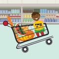 Kid sitting in a supermarket shopping cart full of groceries. Shelves with groceries in supermarket. Cartoon style