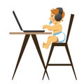 A kid sitting at the table with a laptop coding. Cartoon vector illustration