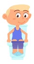 Kid sitting in toilet. Boy pooping. Cute cartoon character