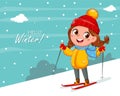 Kid skiing, cute skier girl cartoon character