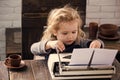 Kid or small boy or businessman child with typewriter Royalty Free Stock Photo