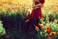Kid, small boy at mother or sister in poppy field Royalty Free Stock Photo