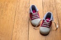 Baby shoes on wood, closeup view, copy space Royalty Free Stock Photo