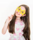 Kid smile. Isolated. Smile little girl, glasses, preteen. Stylish dress little girl child. Happy teenager. Fashion small Royalty Free Stock Photo