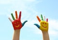 Kid with smiling faces drawn on palms against sky, closeup