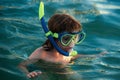 Kid snorkeling in ocean. Diving concept. Child dives into the water. Extreme sport. Kids summer holidays.