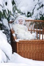 Kid with snowy branch on winewomen bench Royalty Free Stock Photo