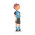 Kid Soccer Player Character, Boy in Black and Blue Sports Uniform Playing Soccer in School Sports Team Cartoon Style Royalty Free Stock Photo