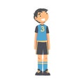 Kid Soccer Player Character, Happy Smiling Little Boy in Black and Blue Sports Uniform Playing Soccer in School Sports Royalty Free Stock Photo