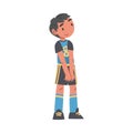 Kid Soccer Player Character, Little Boy in Black and Blue Sports Uniform Playing Football Cartoon Style Vector Royalty Free Stock Photo