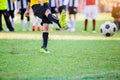 Kid soccer player do penalty shootout Royalty Free Stock Photo