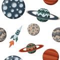 Kid space with planets and spaceships. Flat cartoon cosmos science pattern