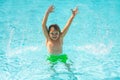 Kid splashing in summer water pool. Kid splash in swim pool. Excited happy little boy jumping in pool, water fun. Kid Royalty Free Stock Photo