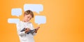 Kid standing with book in hands, empty thought bubbles on bright background