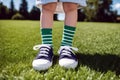 Kid standing in outdoor grass field wearing striped socks with white and blue sneakers. National Socks Day Elegance