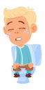 Kid stomach pain. Boy sitting on toilet. Crying cartoon character