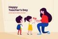 Kid student giving flower to her teacher flat illustration for happy teacher`s day background poster concept graphic design