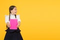 Kid student ready with homework. School girl excellent pupil prepared essay or school project. Raising independence Royalty Free Stock Photo