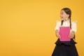 Kid student ready with homework. School girl excellent pupil prepared essay or school project. Raising independence Royalty Free Stock Photo