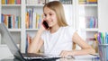 Kid Studying Browsing Internet on Laptop while Talking Smartphone Child Learning, Girl Chatting Teacher on Phone, Online Education