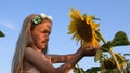 Kid in Sunflower Field at Sunset, Child Playing, Laughing in Agriculture, Girl Portrait Smiling Outdoor in Nature, Happy Children Royalty Free Stock Photo