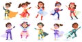Kid superhero, cartoon super child characters. Baby superheroes in colorful costumes vector illustration set. Multiracial boys and Royalty Free Stock Photo