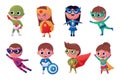 Kid superhero, girl child fly. Little brave super hero in carnival costume, strong boy. Heroic comic party. Justice