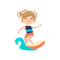 Kid surfing around blue ocean wave, cartoon vector illustration, isolated on white background. Little boy on surf board