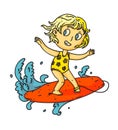 Kid surfing. Isolated child girl surfing