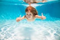 Kid swim underwater in pool. Child boy swimming under water with thumbs up. Royalty Free Stock Photo