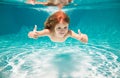 Kid swim underwater in pool. Child boy swimming under water with thumbs up. Royalty Free Stock Photo