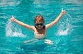 Kid in swimming pool. Smiling cute little child boy in sunglasses in pool in summer day. Royalty Free Stock Photo