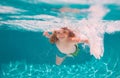 Kid swimming in pool underwater. Child boy swim under water in sea. Summer kids activity, watersports. Royalty Free Stock Photo