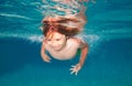 Kid swimming in pool underwater. Child boy swim under water in sea. Underwater children. Royalty Free Stock Photo
