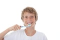 Kid or teen cleaning white healthy teeth
