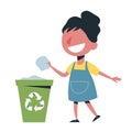 Kid throw garbage in the trash can. Girl character care