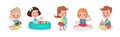 Kid Toddlers Playing with Toys in Nursery Room Vector Set