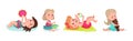 Kid Toddlers Playing with Toys in Nursery Room Vector Set