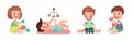 Kid Toddlers Playing with Toys in Nursery Room Vector Set