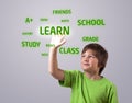 Kid touching LEARN button Royalty Free Stock Photo