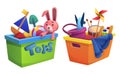 Kid toys in box - plastic container with plaything Royalty Free Stock Photo