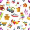 Kid toys vector icons seamless pattern. Children playthings set