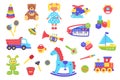 Kid toys vector illustration set, cartoon flat cute plastic toy for children play collection with preschool child funny