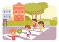 Kid with traffic sign and children cross pedestrian crossing vector illustration. Cartoon girl and boy characters