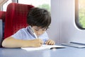 Kid traveling by the train, Child drawing or watching cartoon on teblet sitting by the window. Little boy in a high speed express